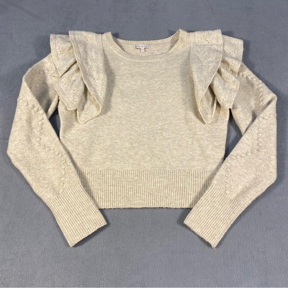 Skies Are Blue Sweaters - Skies Are Blue Women’s Soft Beige/Oatmeal Sweater with Ruffle Long Sleeve,size S